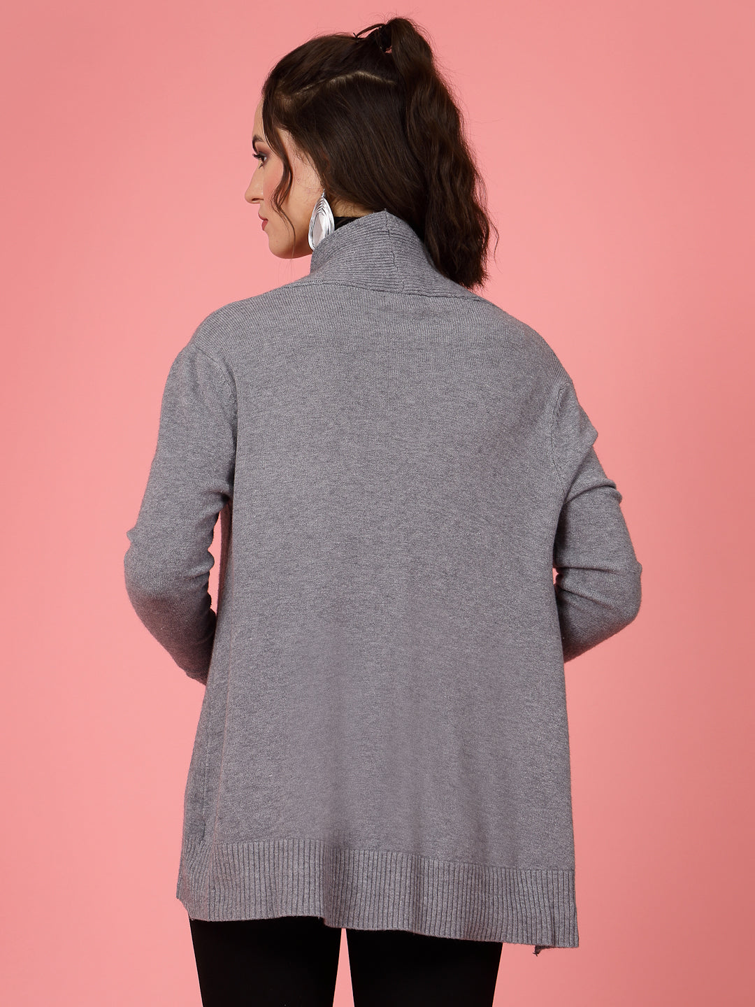 Mafadeny Women Winter Wear Grey Longline Shrug