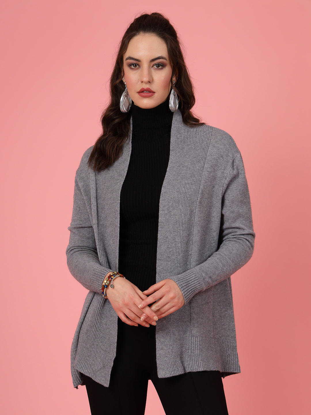 Mafadeny Women Winter Wear Grey Longline Shrug