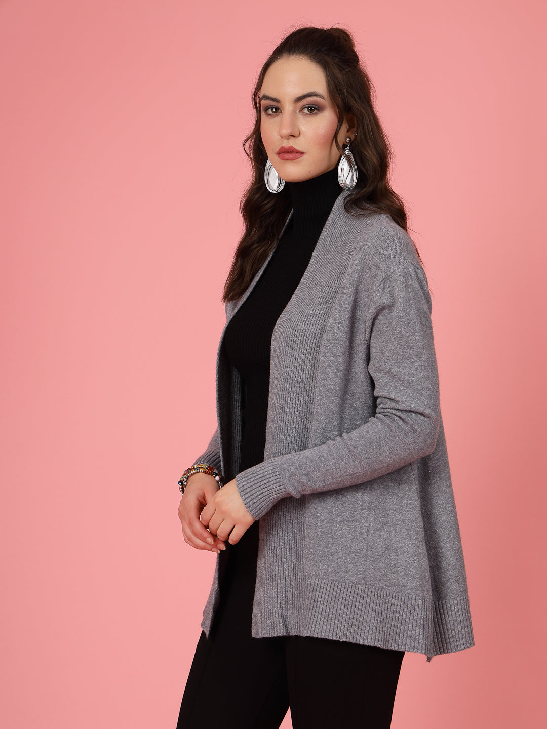 Mafadeny Women Winter Wear Grey Longline Shrug