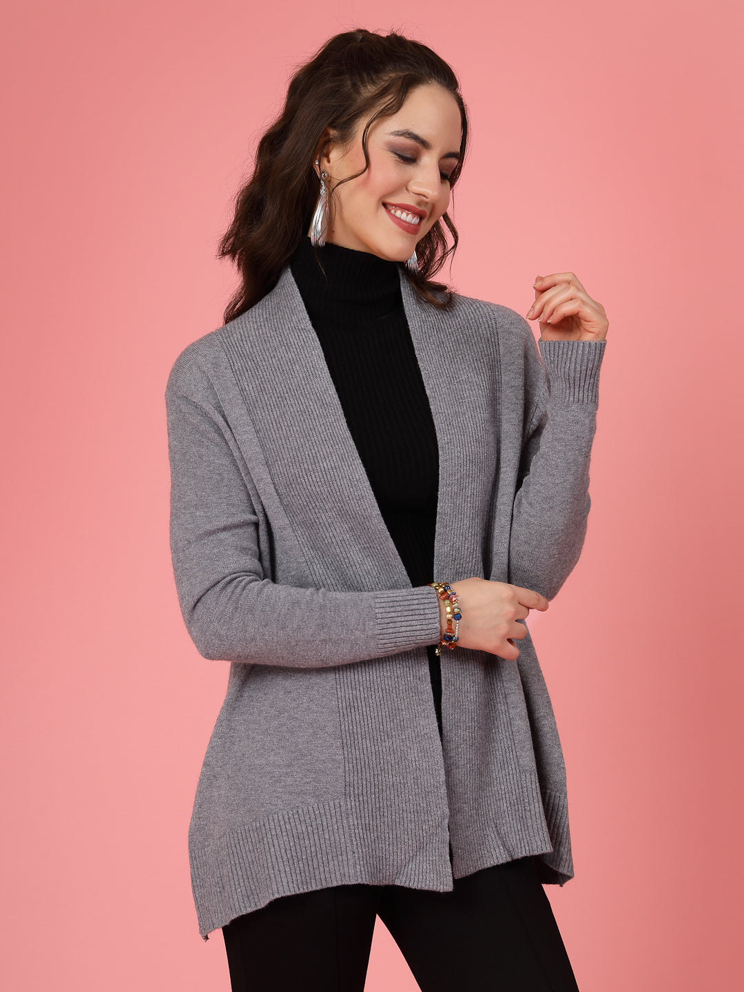 Mafadeny Women Winter Wear Grey Longline Shrug