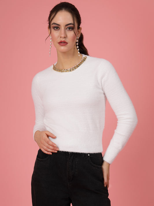 Mafadeny Women Winter Wear White Crop Top Embellished Detail