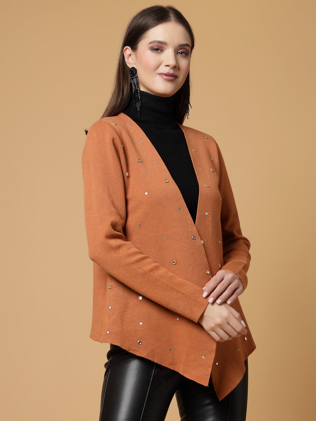 Mafadeny Women Winter Wear Camel Embellished Shrug