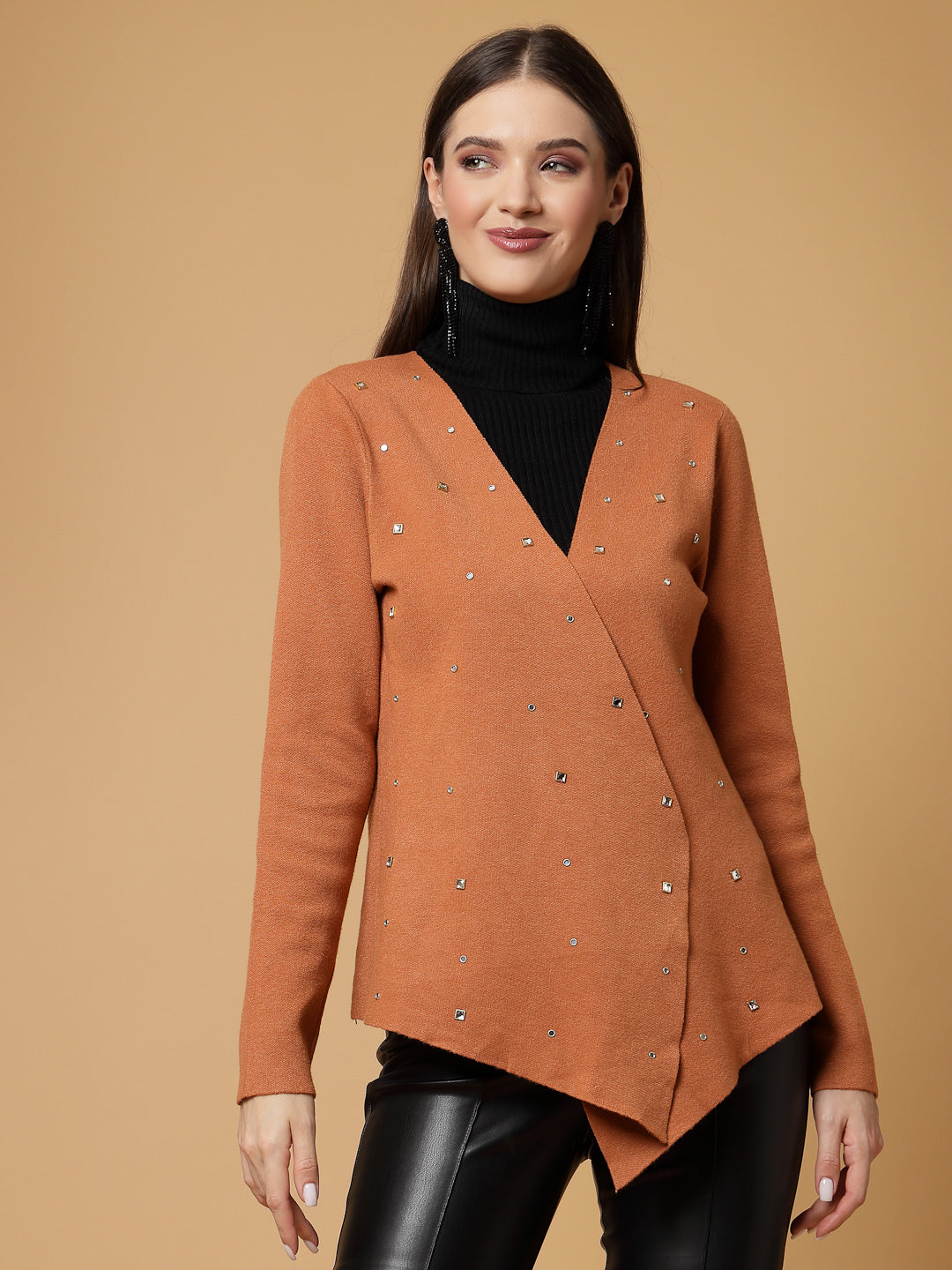 Mafadeny Women Winter Wear Camel Embellished Shrug