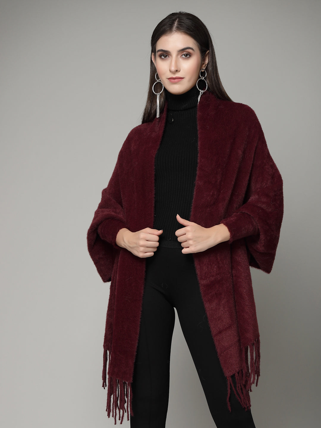 Mafadeny Women Winter Wear Maroon Stylish & Cosy Ponchoo