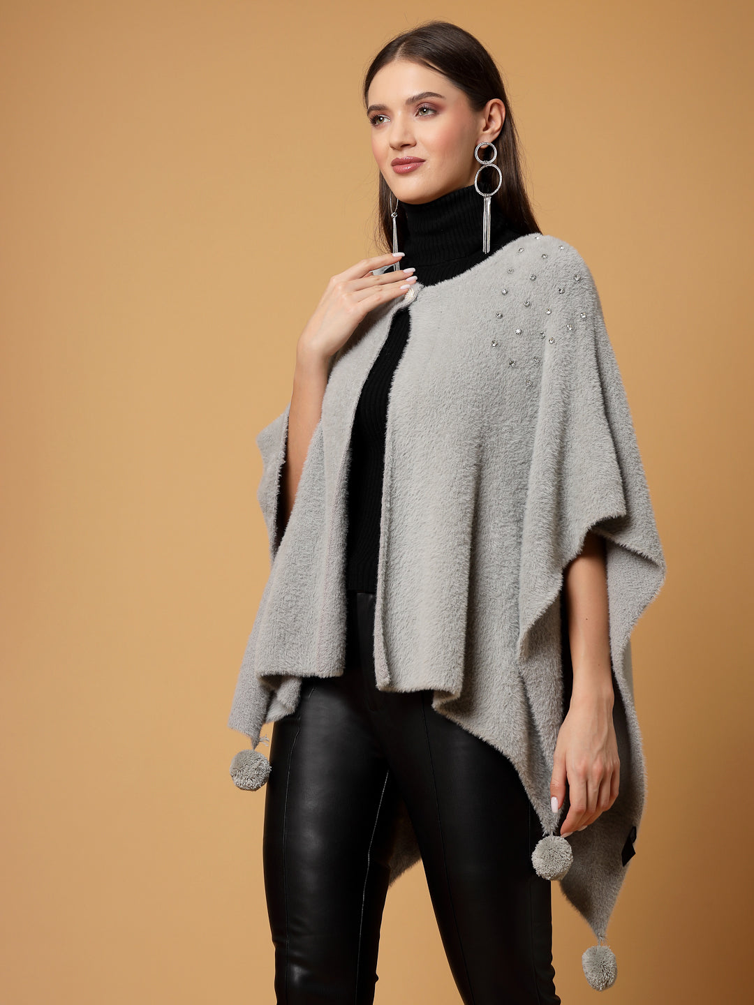 Mafadeny Women Winter Wear Grey Stylish & Cosy Ponchoo