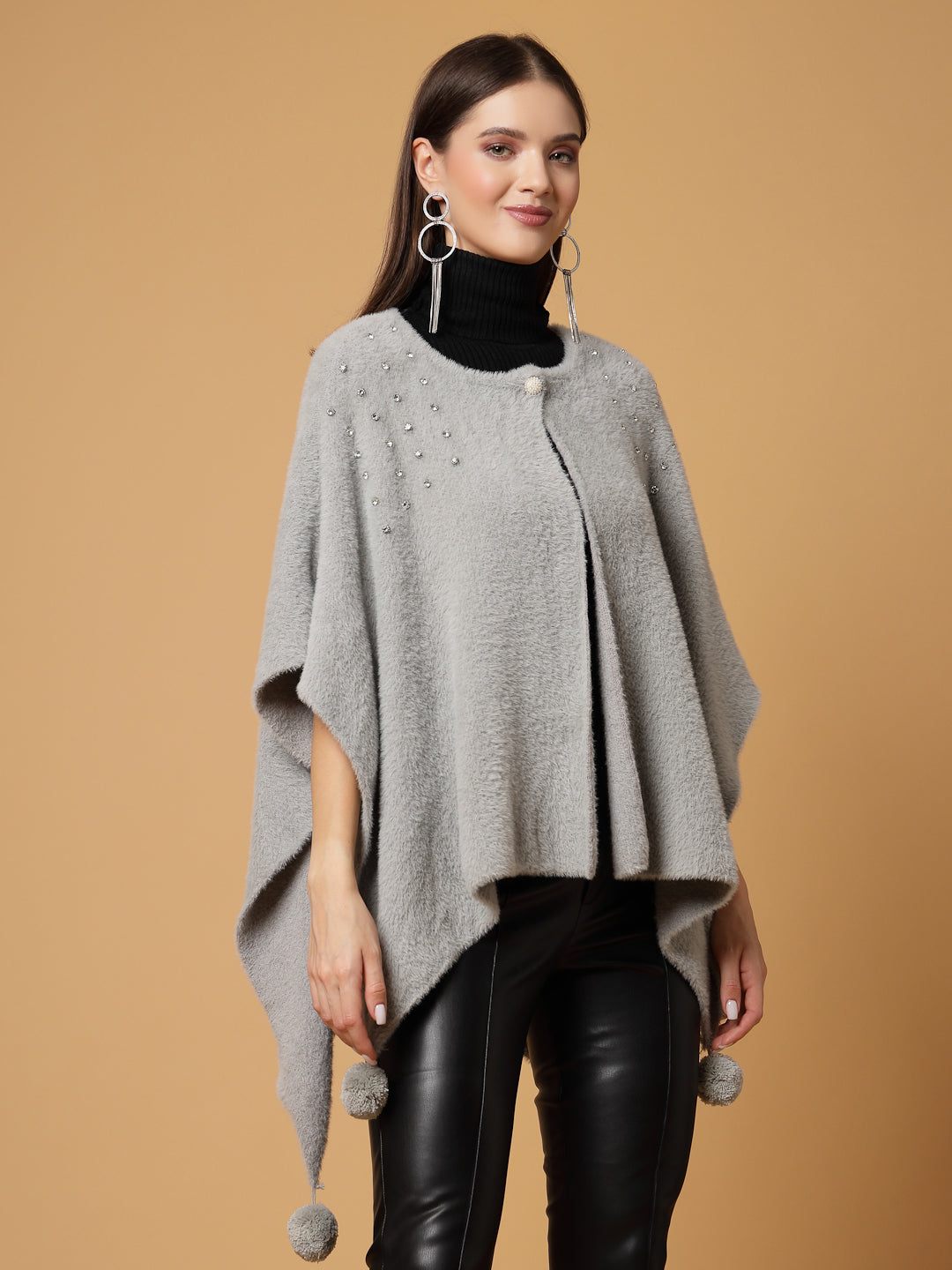 Mafadeny Women Winter Wear Grey Stylish & Cosy Ponchoo