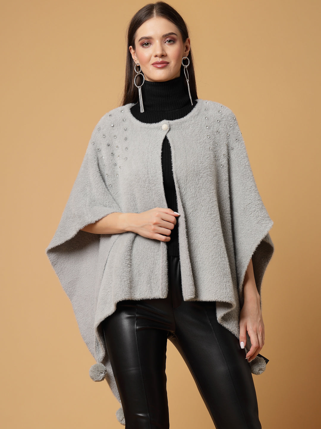 Mafadeny Women Winter Wear Grey Stylish & Cosy Ponchoo