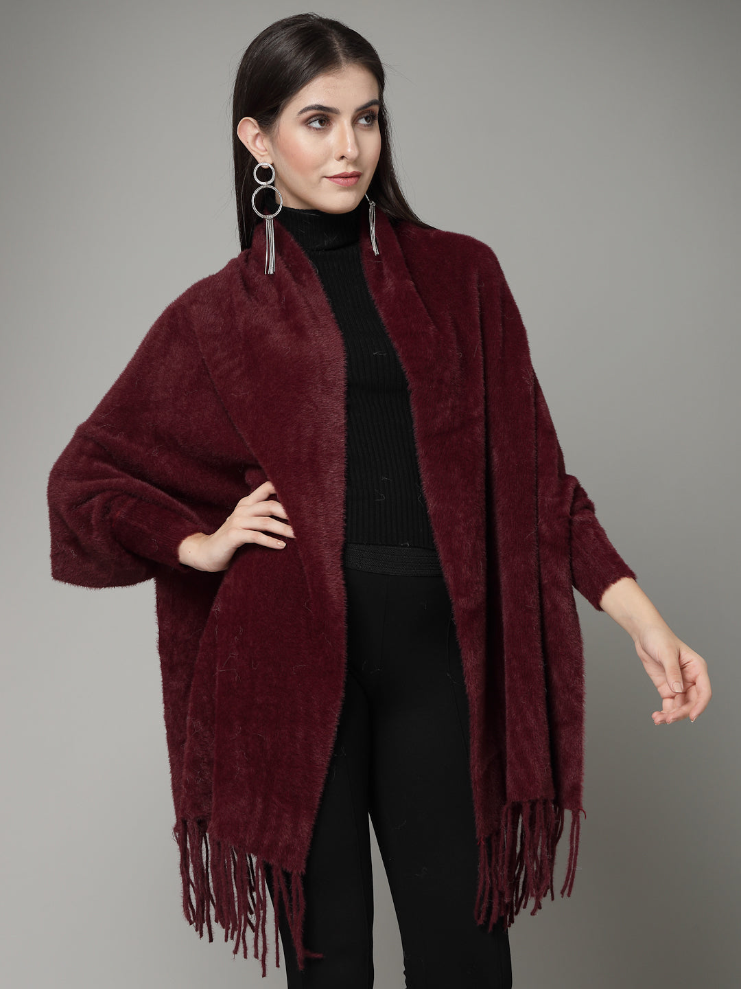 Mafadeny Women Winter Wear Maroon Stylish & Cosy Ponchoo