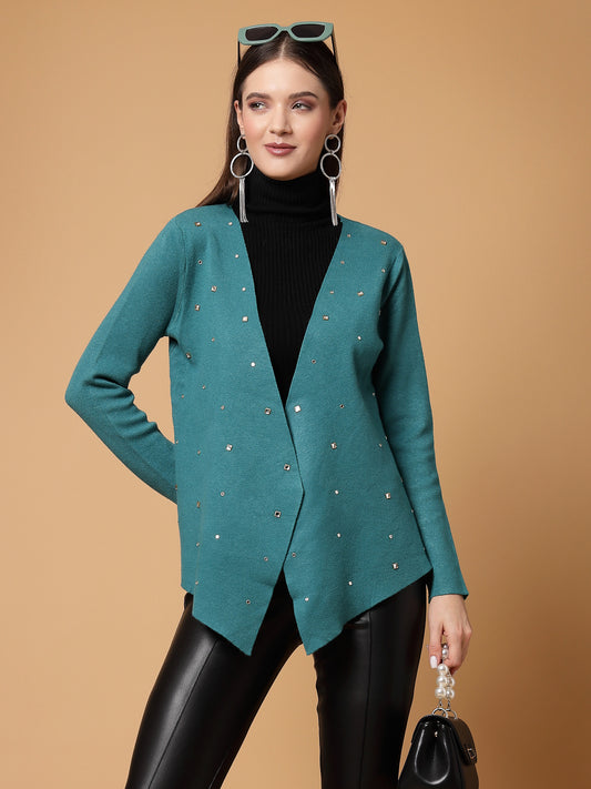 Mafadeny Women Winter Wear Green Embellished Shrug