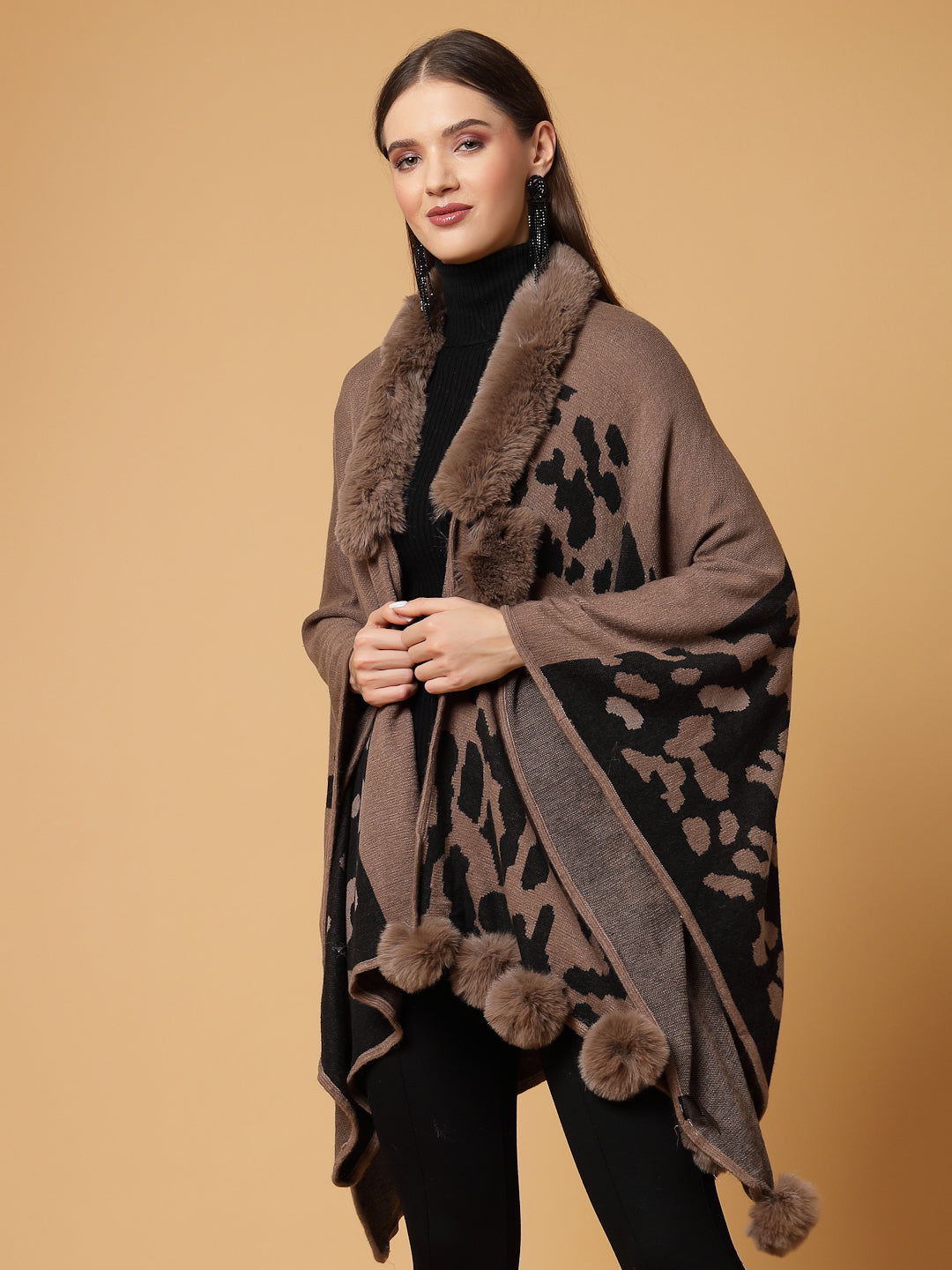 Mafadeny Women Winter Wear Black & Khaki Stylish & Cosy Ponchoo