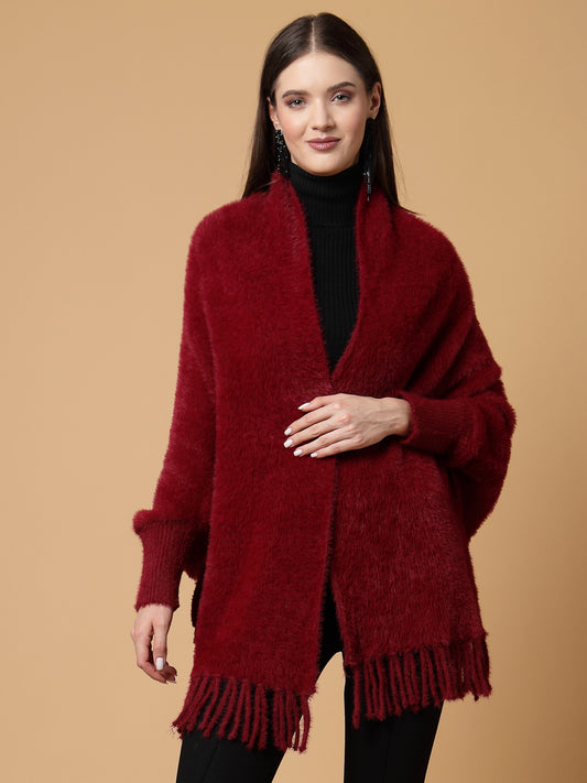 Mafadeny Women Winter Wear Maroon Stylish & Cosy Ponchoo