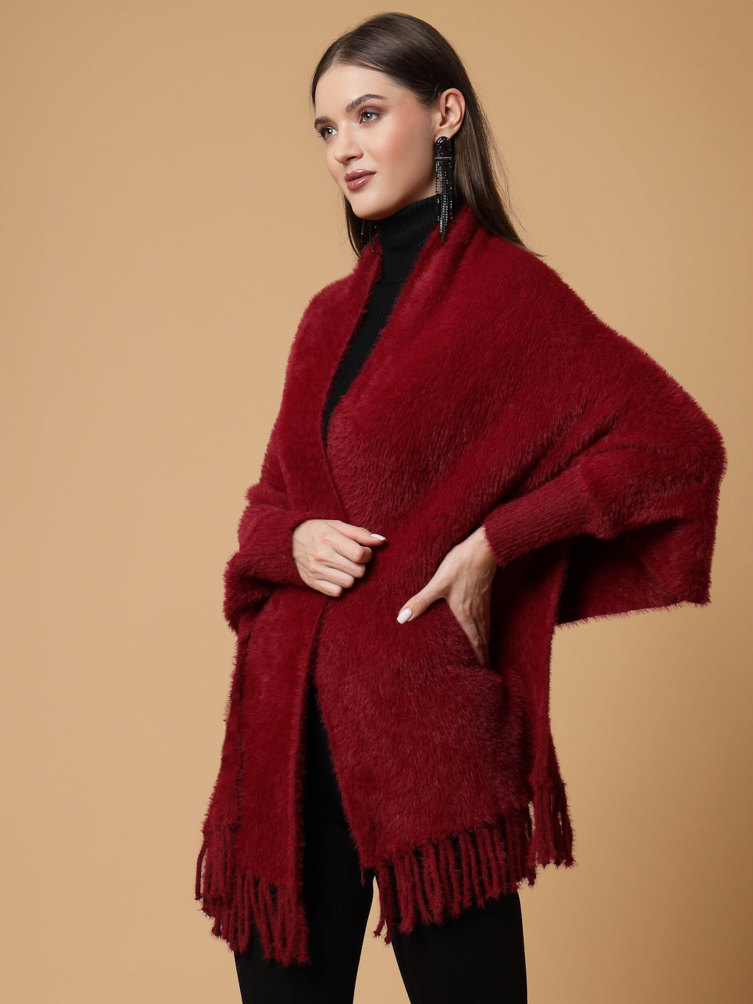 Mafadeny Women Winter Wear Maroon Stylish & Cosy Ponchoo