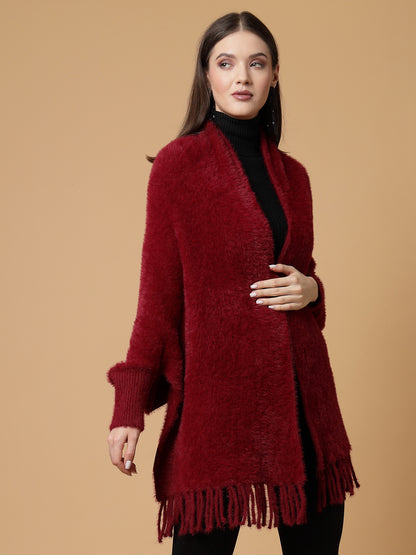 Mafadeny Women Winter Wear Maroon Stylish & Cosy Ponchoo