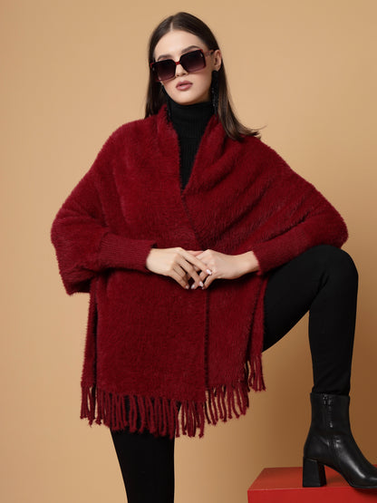 Mafadeny Women Winter Wear Maroon Stylish & Cosy Ponchoo