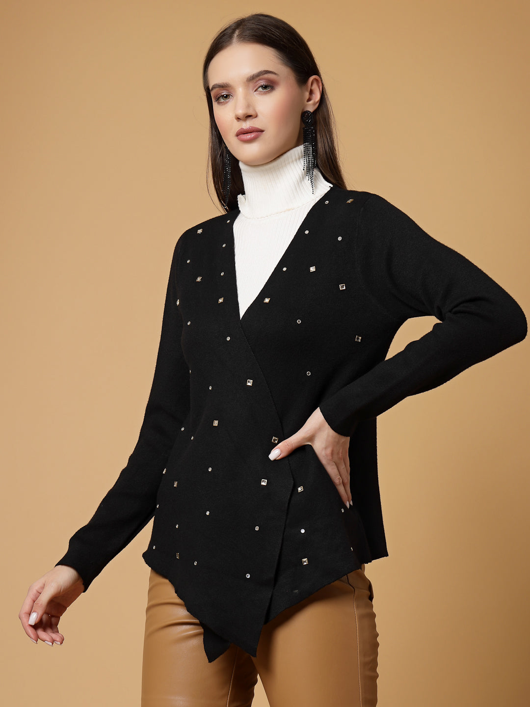 Mafadeny Women Winter Wear Black Embellished Shrug