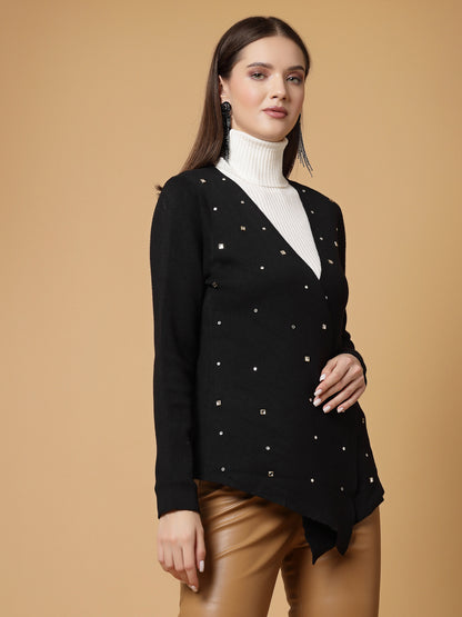 Mafadeny Women Winter Wear Black Embellished Shrug