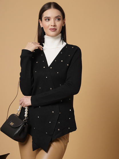 Mafadeny Women Winter Wear Black Embellished Shrug