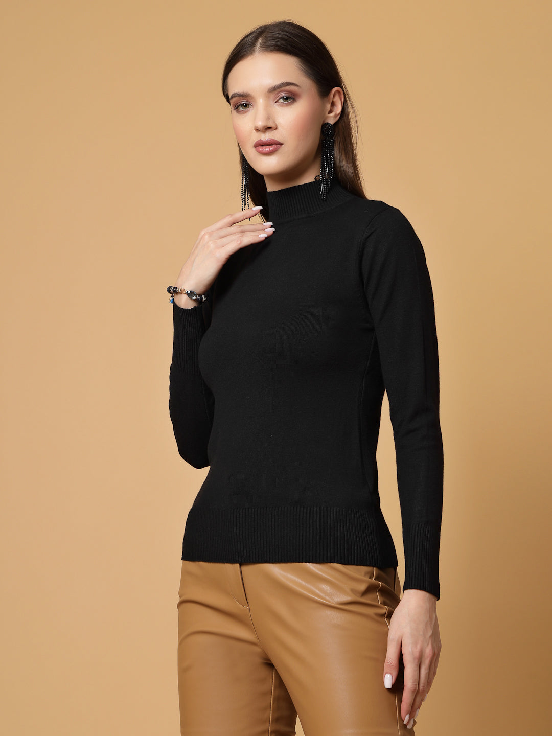 Mafadeny Women Winter Wear Basic T-Neck Black Pullover