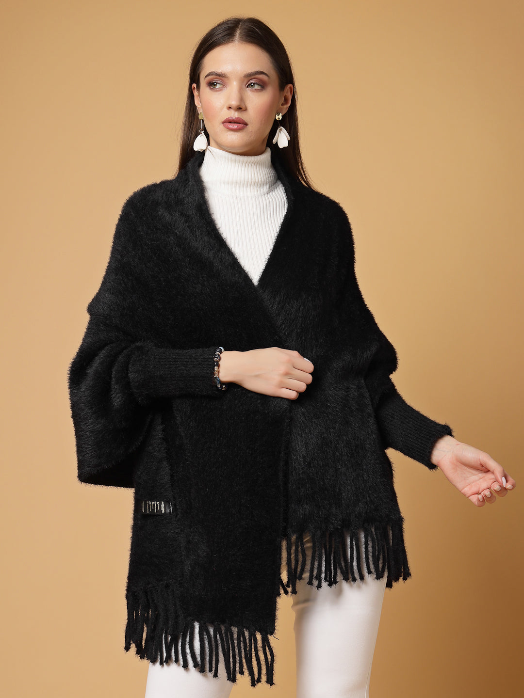 Mafadeny Women Winter Wear Black Stylish & Cosy Ponchoo