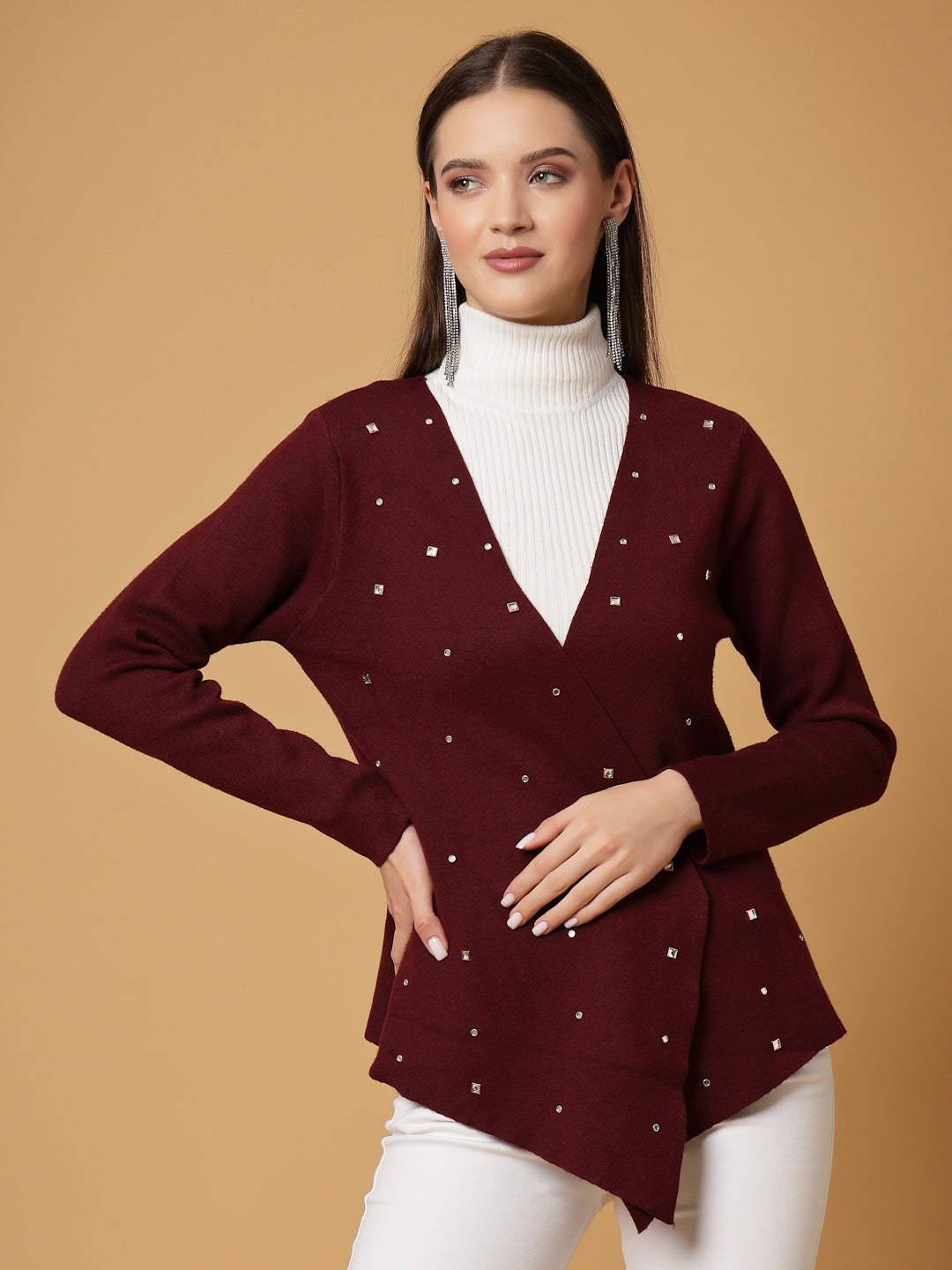 Mafadeny Women Winter Wear Maroon Embellished Shrug