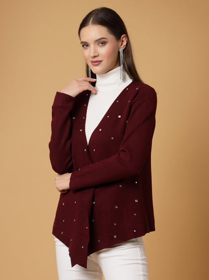 Mafadeny Women Winter Wear Maroon Embellished Shrug