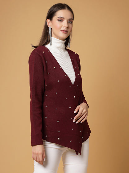 Mafadeny Women Winter Wear Maroon Embellished Shrug