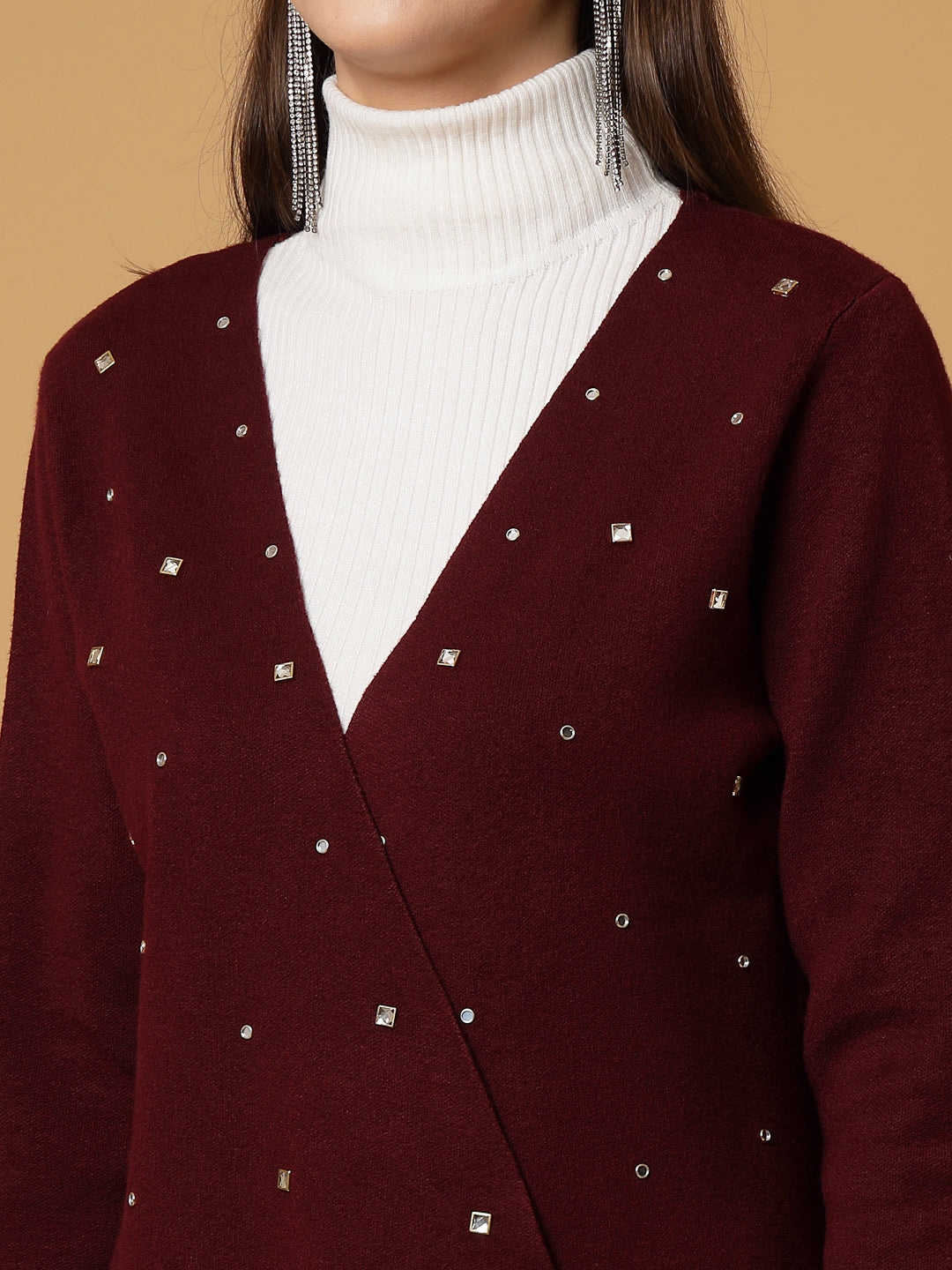 Mafadeny Women Winter Wear Maroon Embellished Shrug