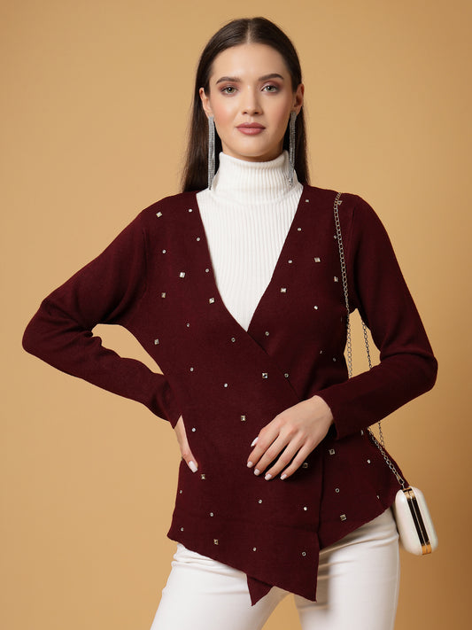 Mafadeny Women Winter Wear Maroon Embellished Shrug