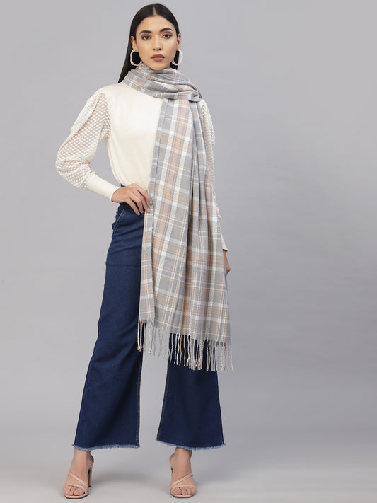 Mafadeny Women Grey & White Checked Stole