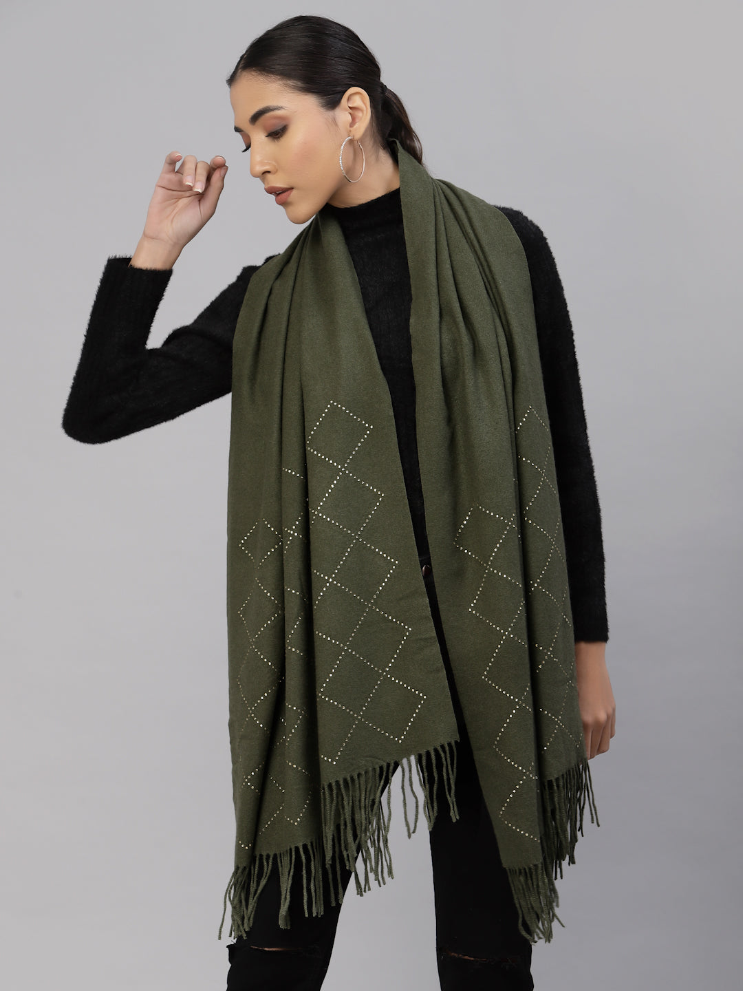 Mafadeny Women Green & White Checked Stole