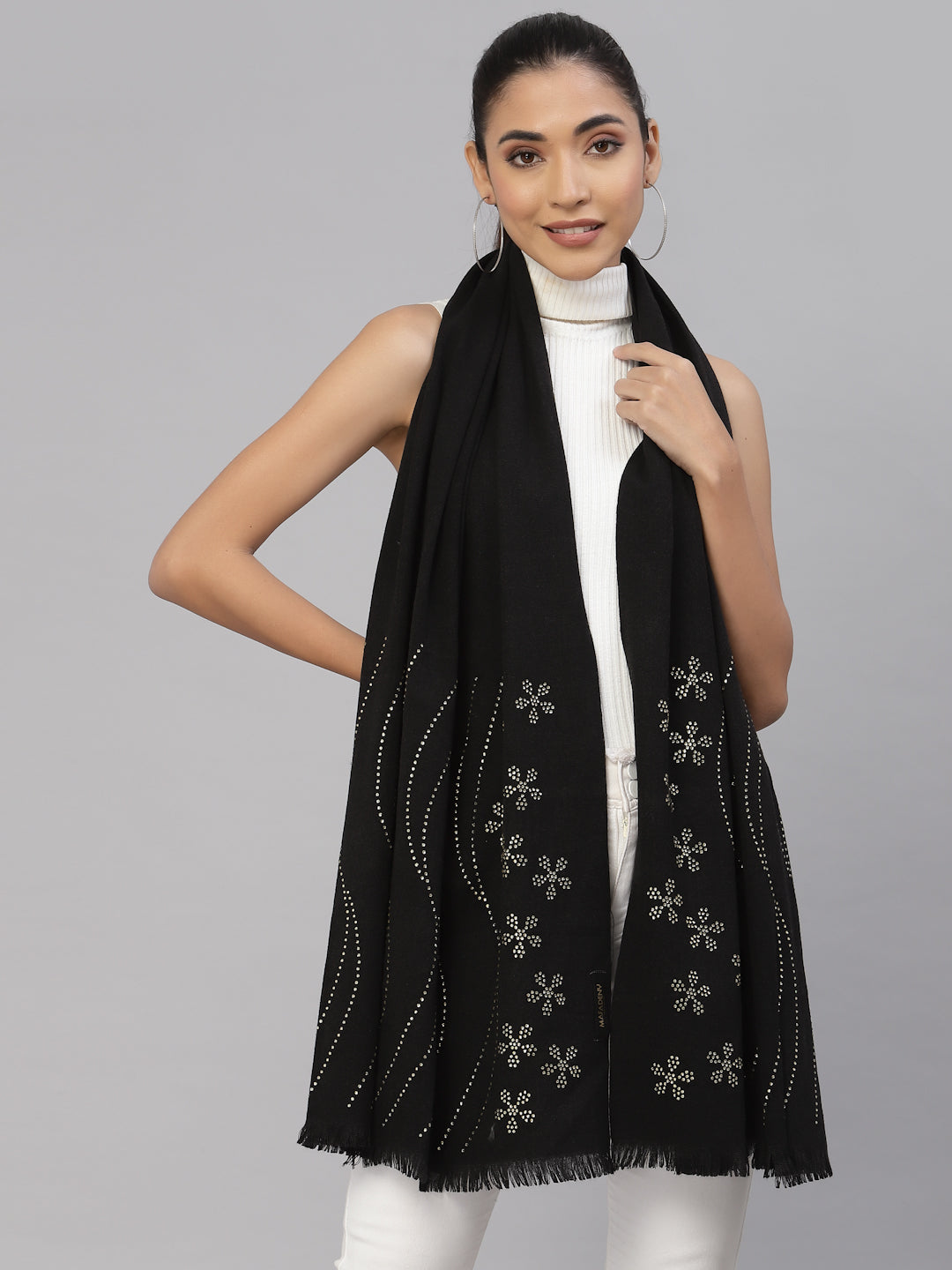 Mafadeny Winterwear Womens Floral Embellished Tasselled Stole