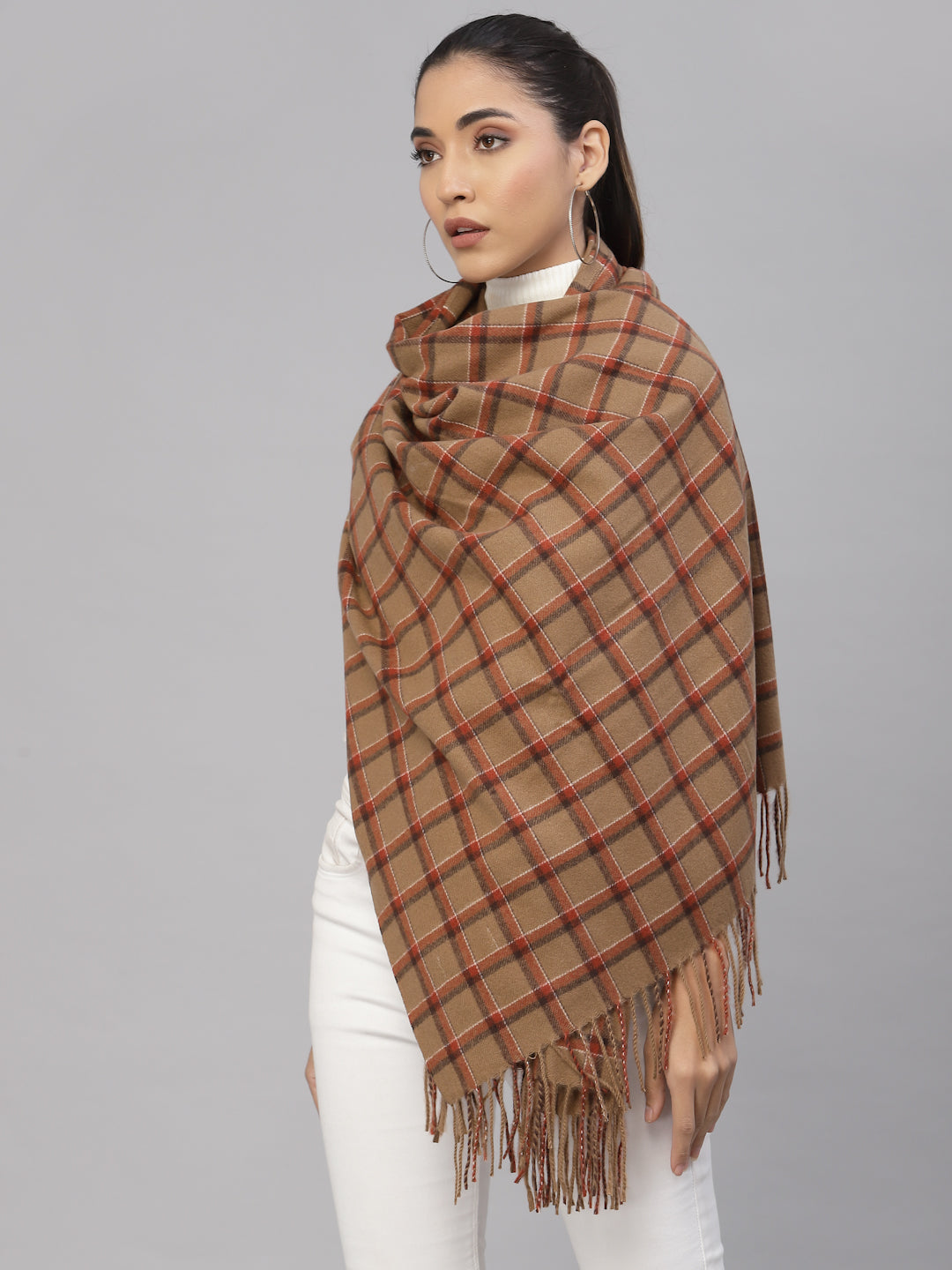 Mafadeny Women Brown & Red Checked Stole