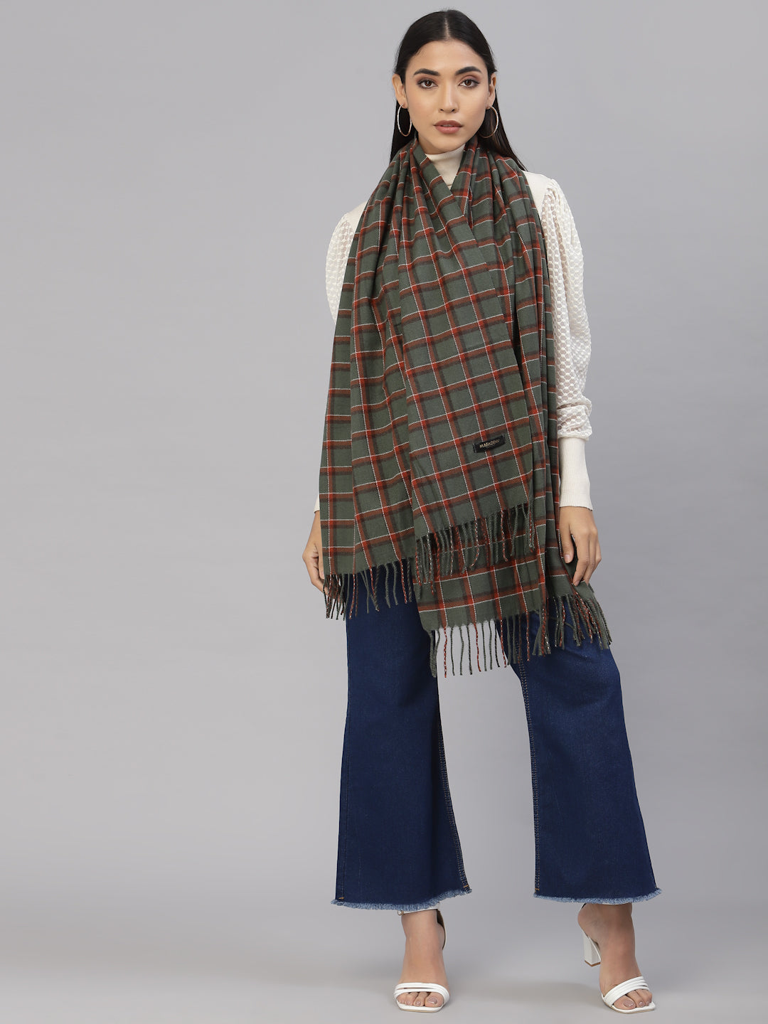 Mafadeny Women Green & Brown Checked Stole