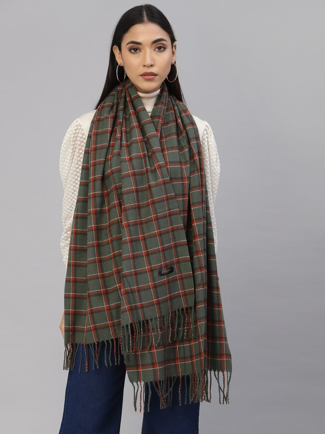 Mafadeny Women Green & Brown Checked Stole