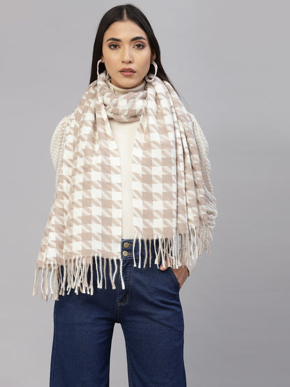 Mafadeny Womens  Peach Stole Checked Fringed Border Stole