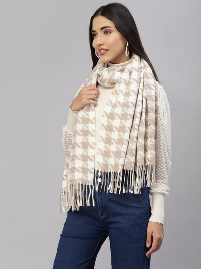 Mafadeny Womens  Peach Stole Checked Fringed Border Stole