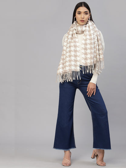 Mafadeny Womens  Peach Stole Checked Fringed Border Stole