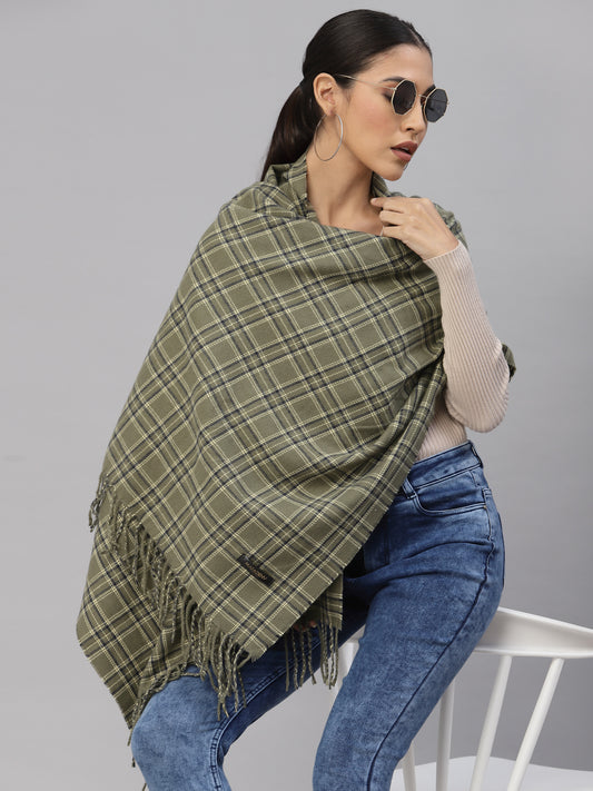 Mafadeny Women Green & Beige Checked Stole