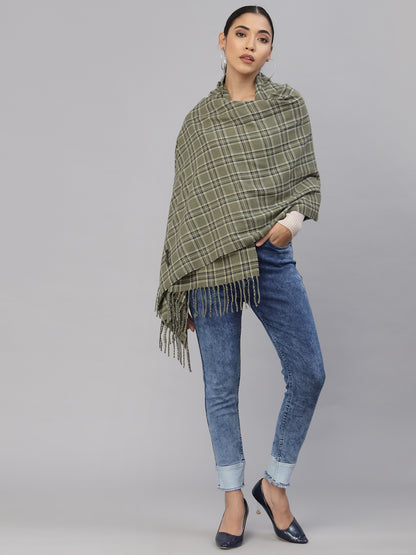 Mafadeny Women Green & Beige Checked Stole