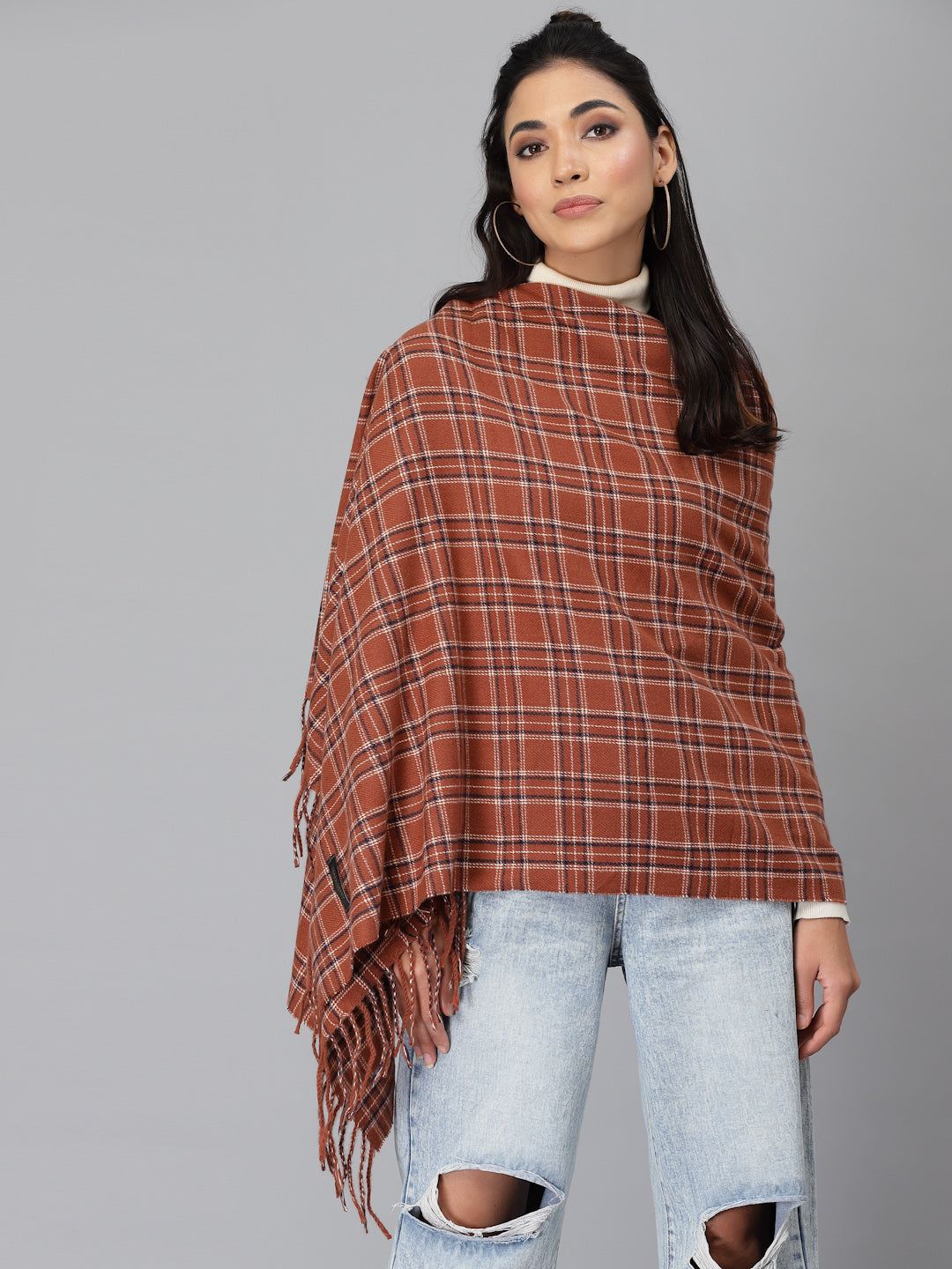 Mafadeny Women Rust & White Checked Stole