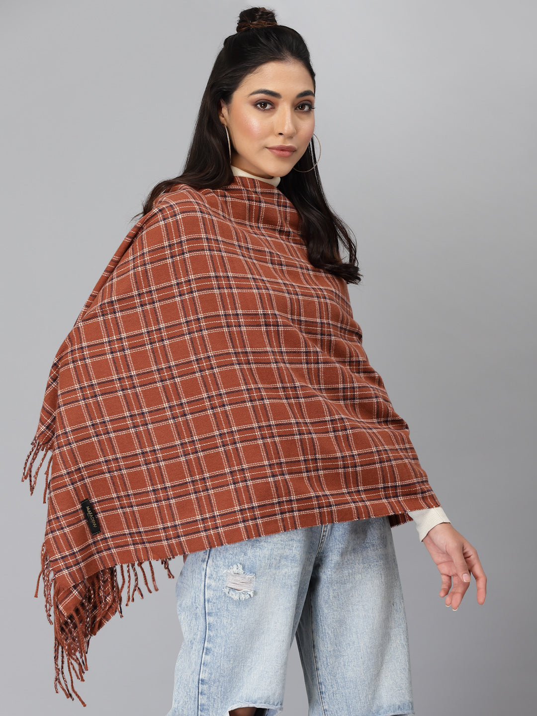 Mafadeny Women Rust & White Checked Stole