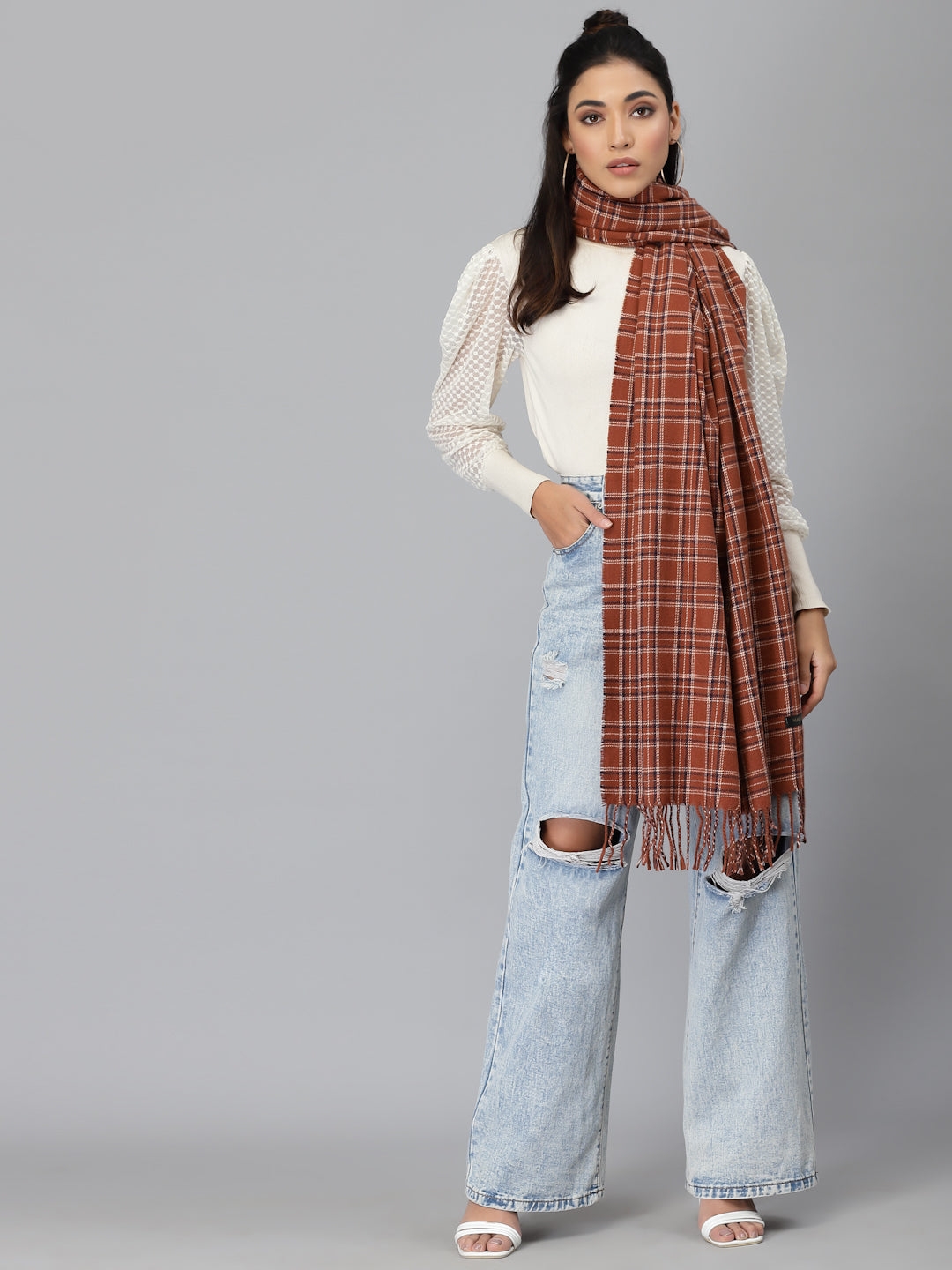 Mafadeny Women Rust & White Checked Stole