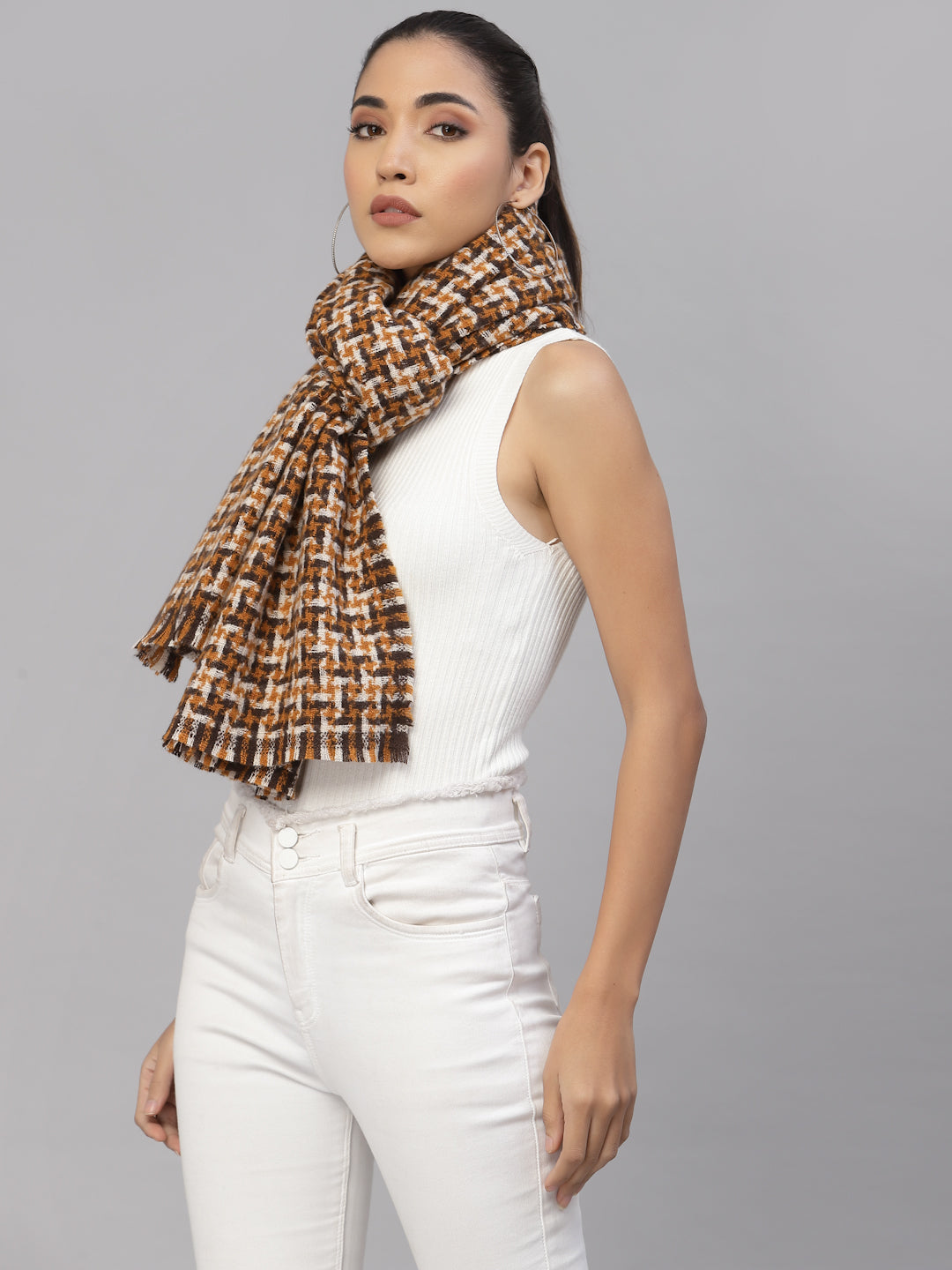 Mafadeny Women Mustard & White Woven Design Stole