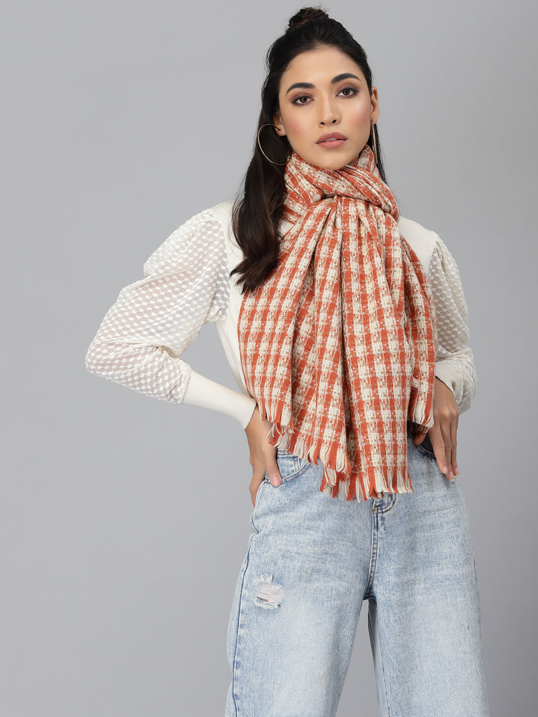 Mafadeny Women Rust & White Checked Stole