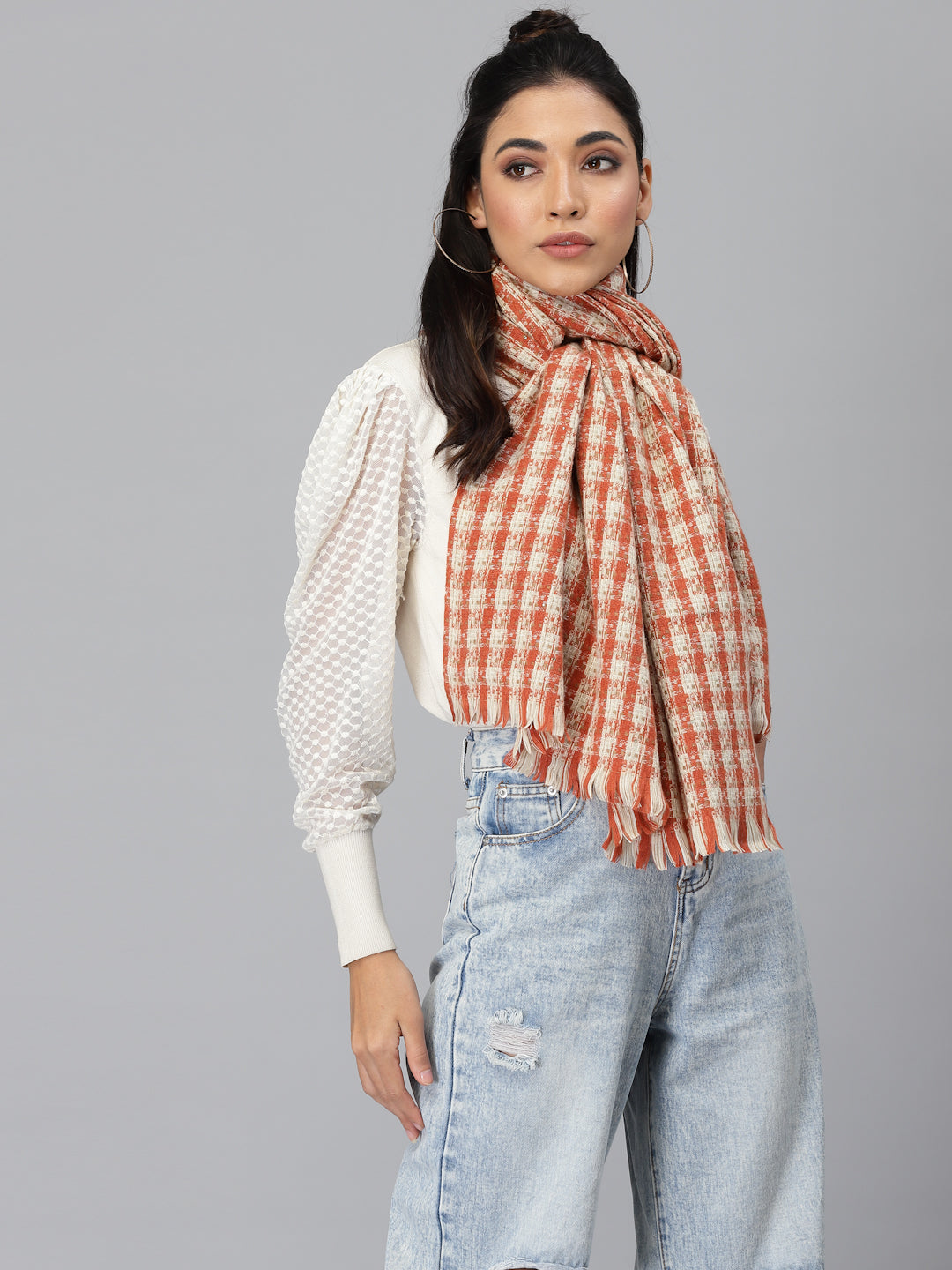 Mafadeny Women Rust & White Checked Stole