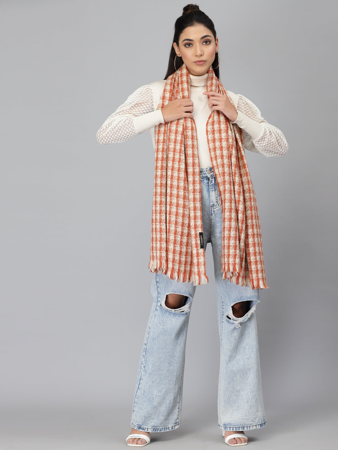 Mafadeny Women Rust & White Checked Stole