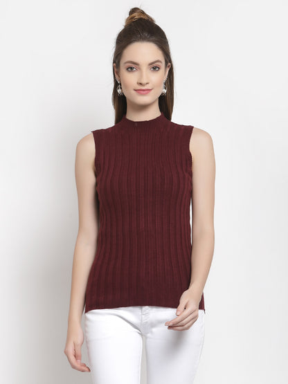 Mafadeny Women Wine Cable Knit Sweater Vest with Embellished Detail