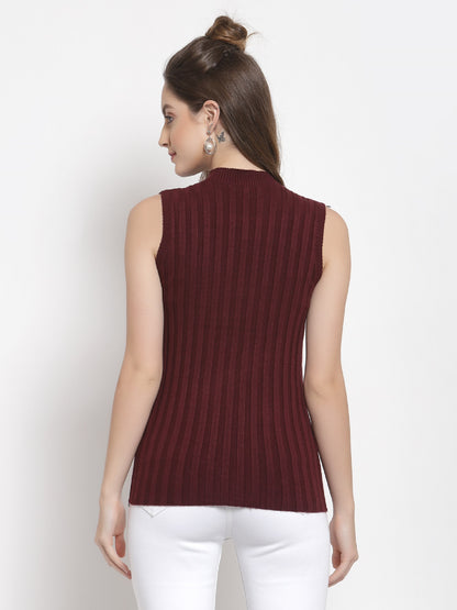 Mafadeny Women Wine Cable Knit Sweater Vest with Embellished Detail