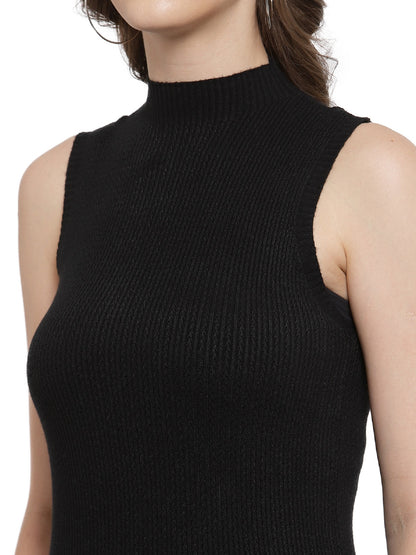 Mafadeny Women Winter Wear Black Ribbed Pullover