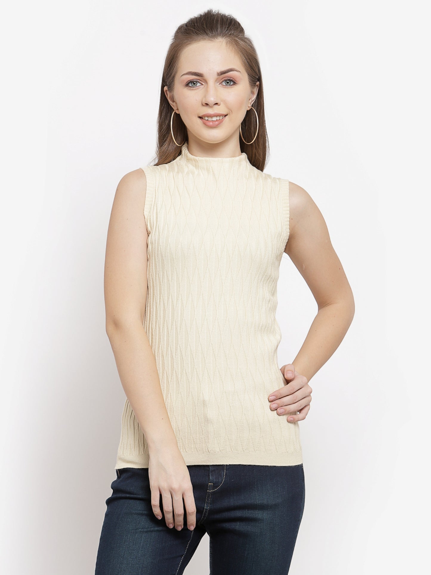 Mafadeny Women Winter Wear Cream Ribbed Pullover